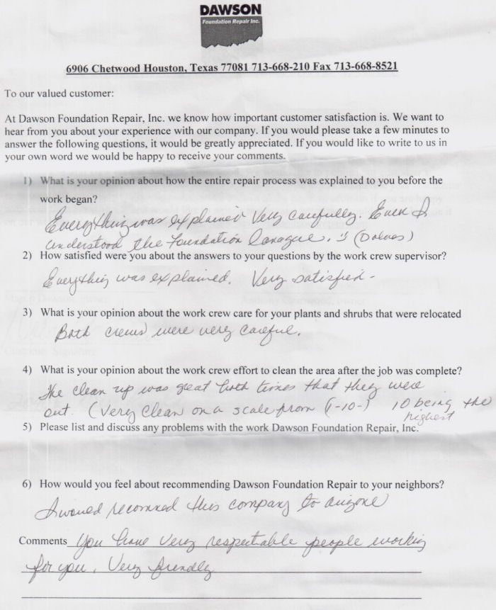 testimonial letter #127 for Dawson Foundation Repair