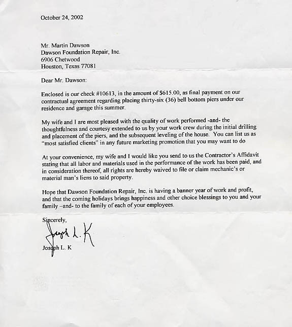 testimonial letter #13 for Dawson Foundation Repair