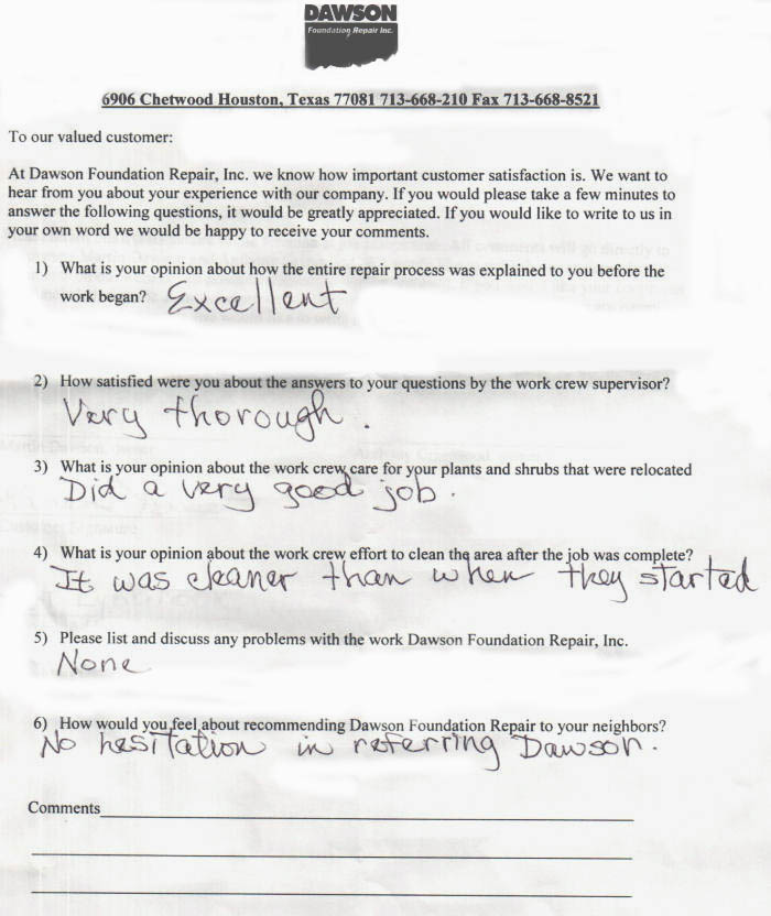 testimonial letter #133 for Dawson Foundation Repair