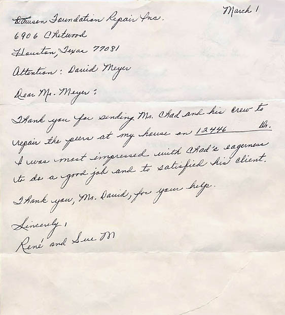 testimonial letter #14 for Dawson Foundation Repair