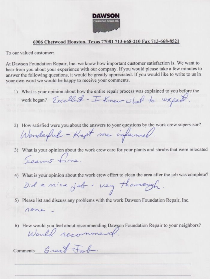 testimonial letter #140 for Dawson Foundation Repair