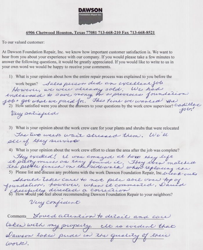 testimonial letter #141 for Dawson Foundation Repair