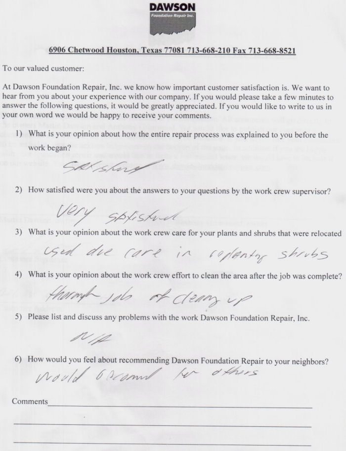 testimonial letter #143 for Dawson Foundation Repair