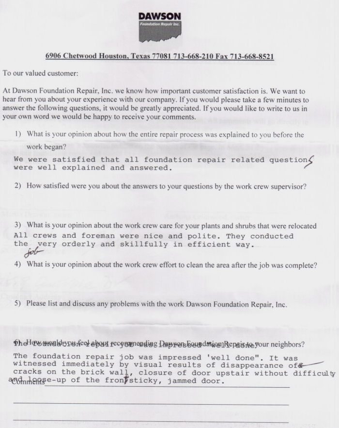 testimonial letter #145 for Dawson Foundation Repair