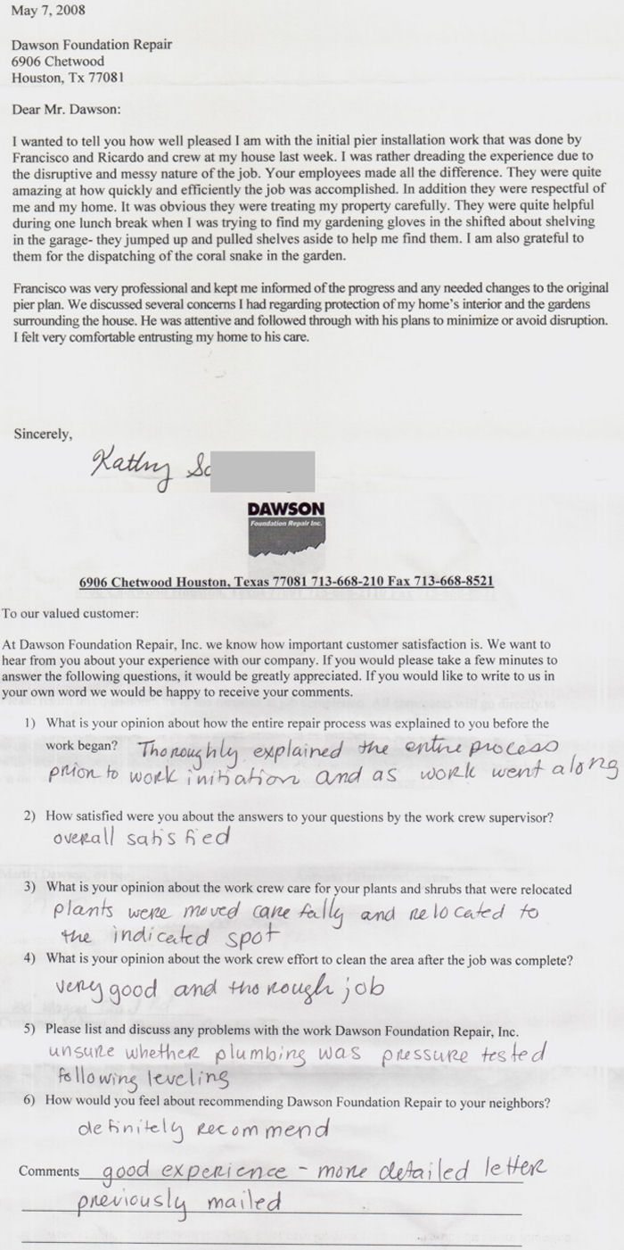 testimonial letter #149 for Dawson Foundation Repair