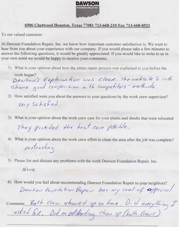 testimonial letter #152 for Dawson Foundation Repair