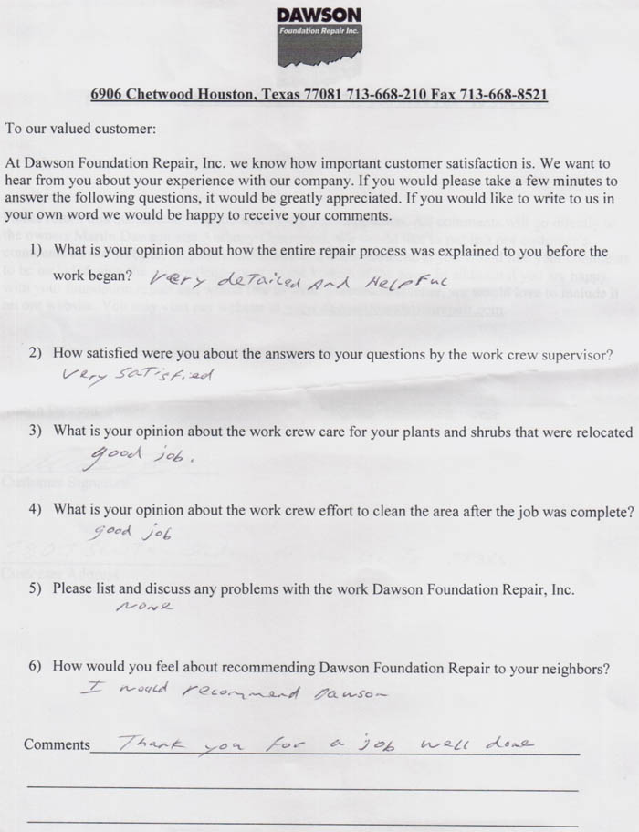 testimonial letter #158 for Dawson Foundation Repair