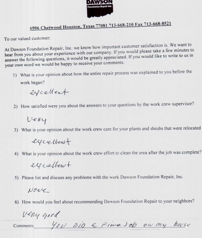 testimonial letter #171 for Dawson Foundation Repair