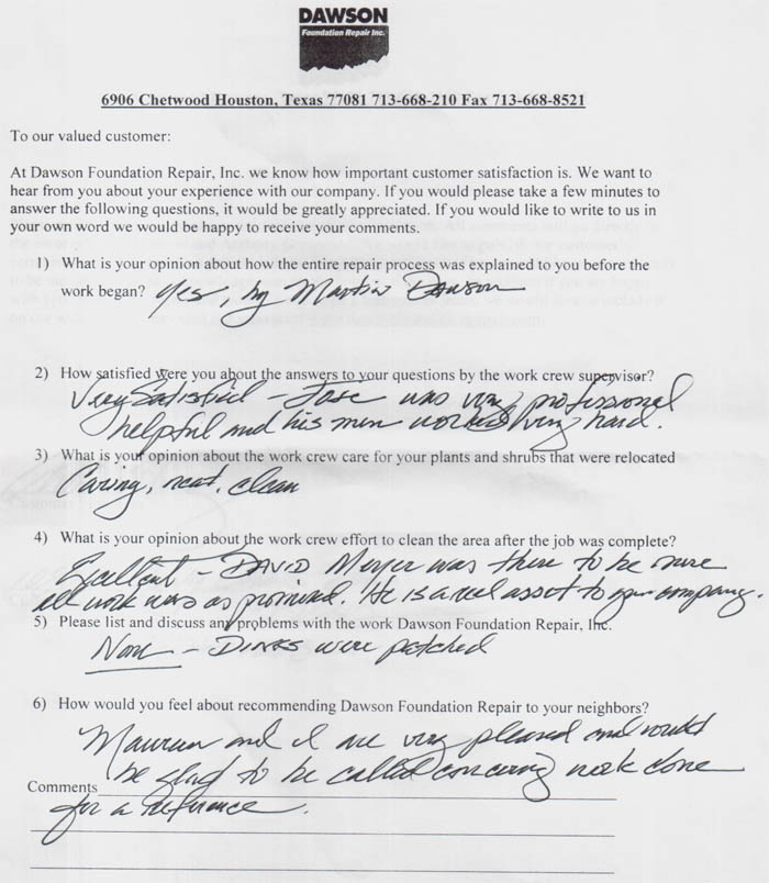 testimonial letter #181 for Dawson Foundation Repair