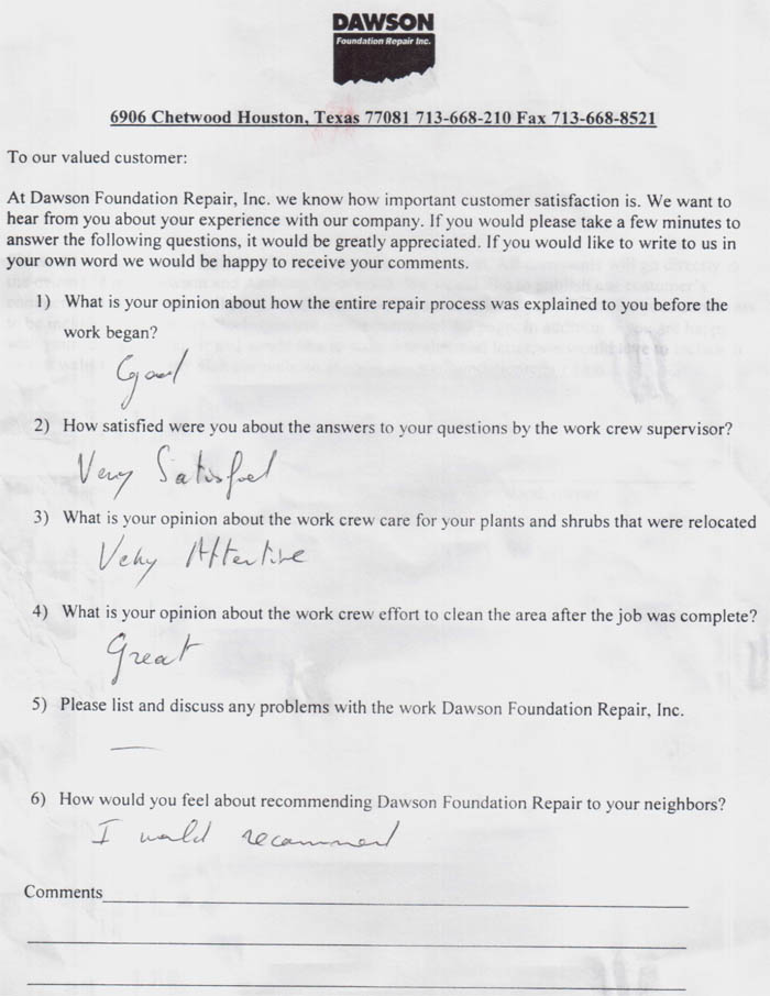 testimonial letter #183 for Dawson Foundation Repair