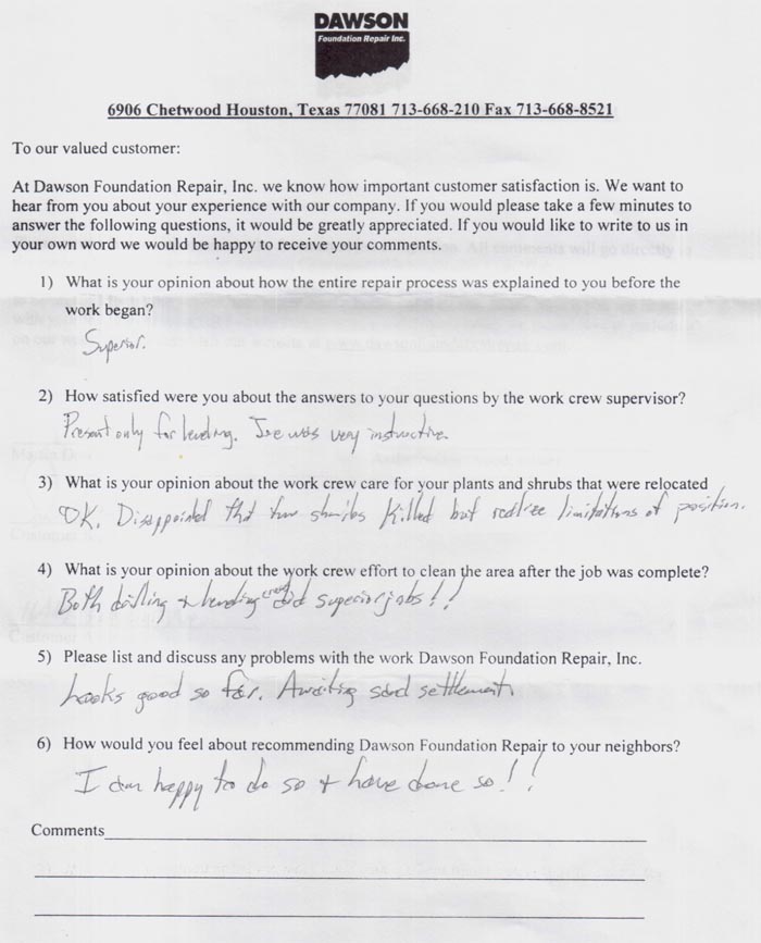 testimonial letter #190 for Dawson Foundation Repair