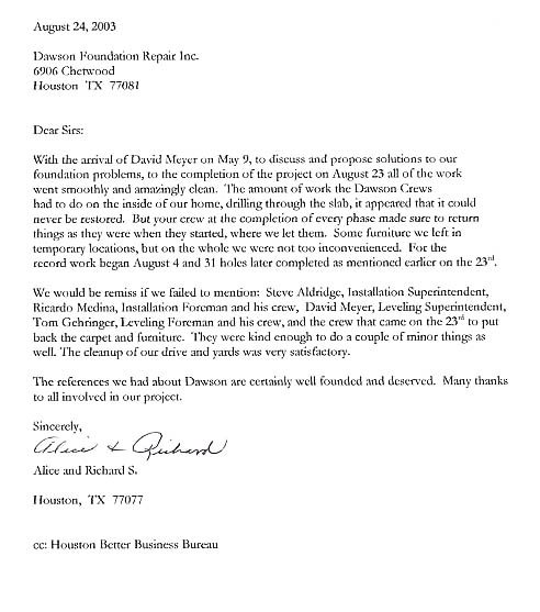 testimonial letter #2 for Dawson Foundation Repair
