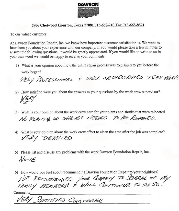 testimonial letter #201 for Dawson Foundation Repair