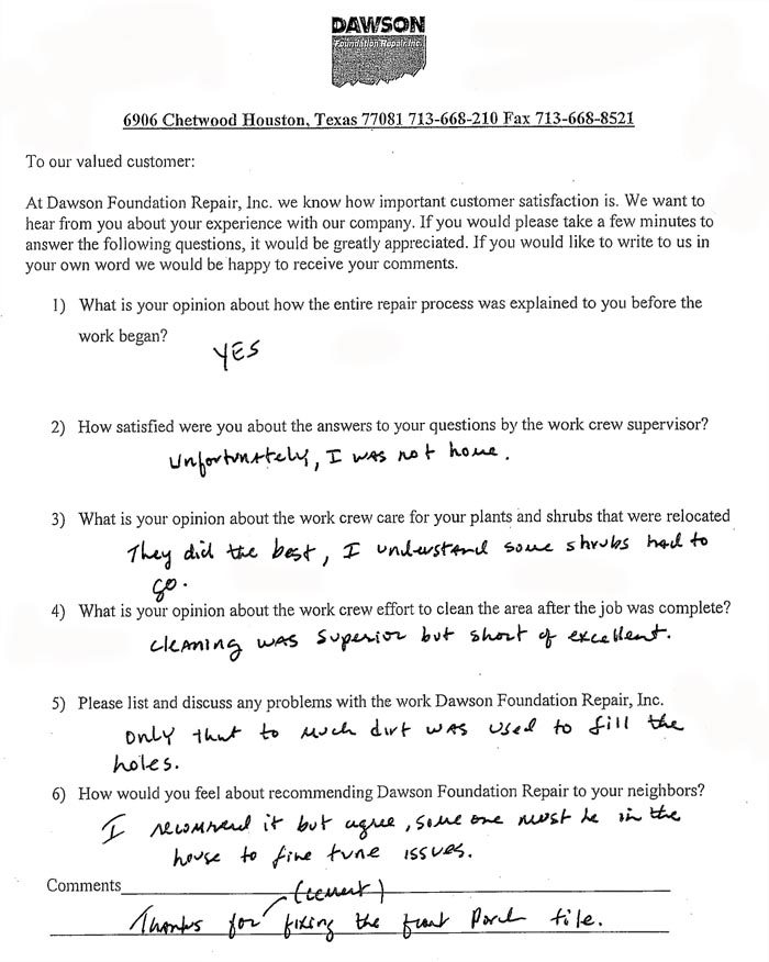 testimonial letter #202 for Dawson Foundation Repair