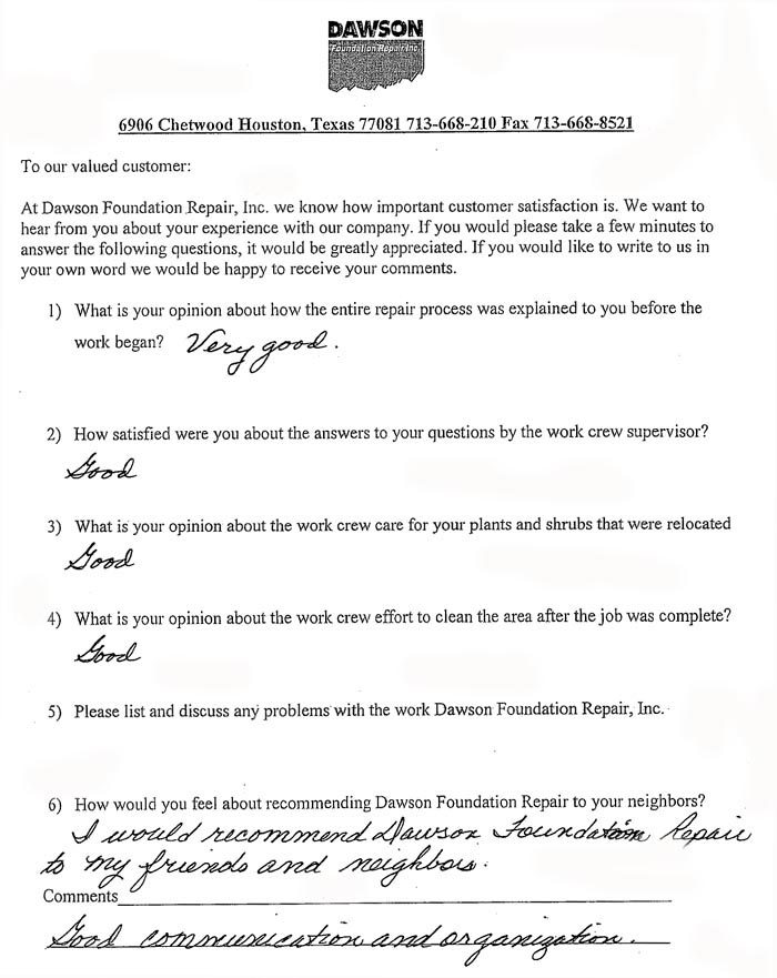 testimonial letter #203 for Dawson Foundation Repair