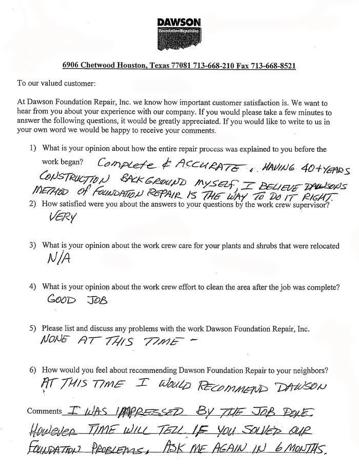 testimonial letter #209 for Dawson Foundation Repair