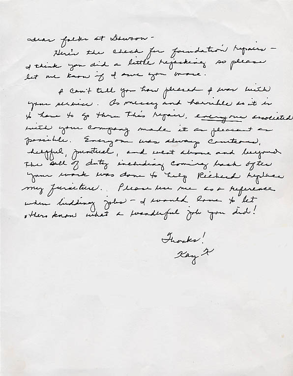 testimonial letter #211 for Dawson Foundation Repair