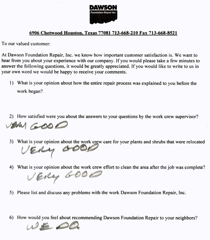 testimonial letter #214 for Dawson Foundation Repair