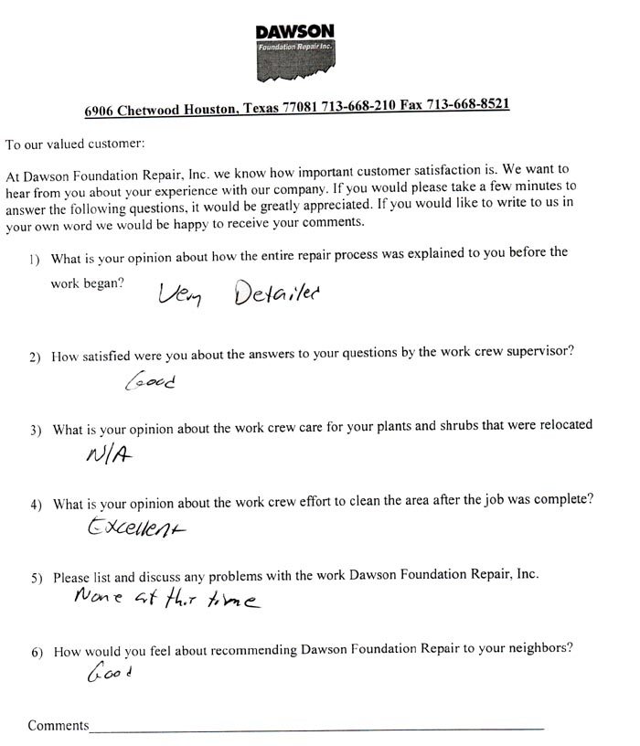 testimonial letter #217 for Dawson Foundation Repair