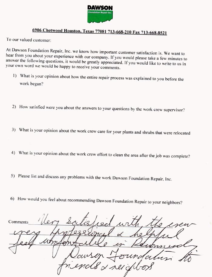 testimonial letter #220 for Dawson Foundation Repair