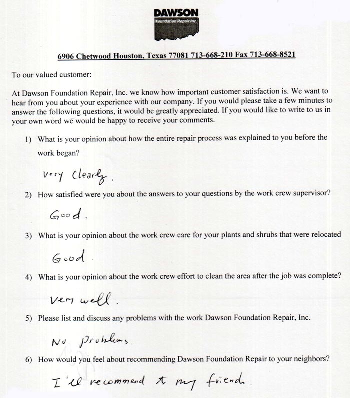 testimonial letter #226 for Dawson Foundation Repair