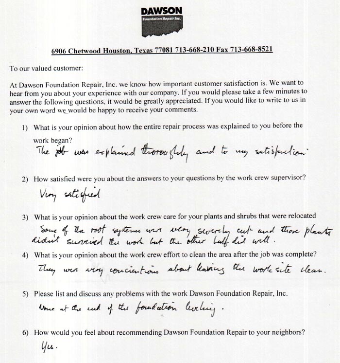 testimonial letter #227 for Dawson Foundation Repair