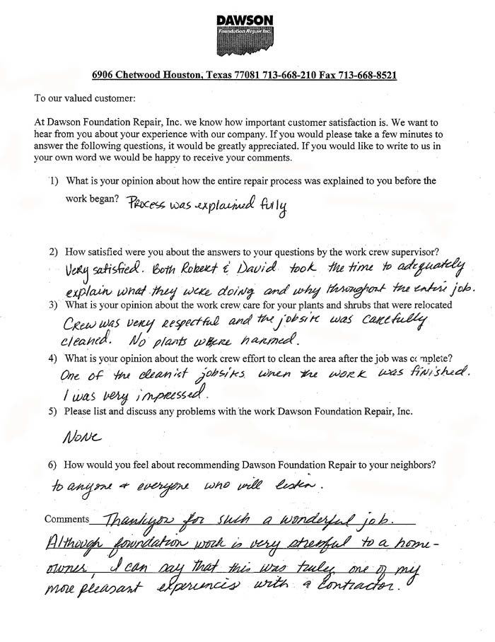 testimonial letter #23 for Dawson Foundation Repair