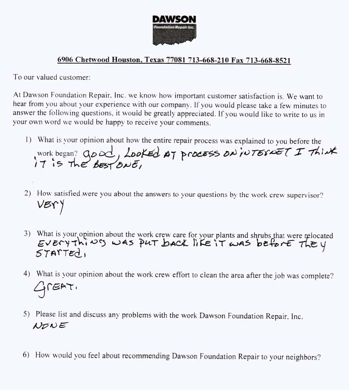 testimonial letter #233 for Dawson Foundation Repair