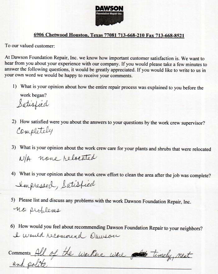 testimonial letter #235 for Dawson Foundation Repair