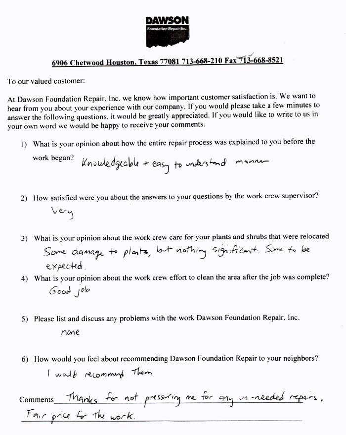 testimonial letter #236 for Dawson Foundation Repair