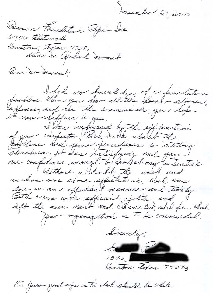 testimonial letter #248B for Dawson Foundation Repair