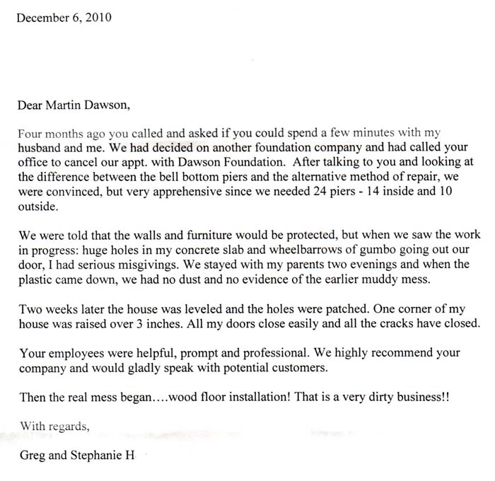 testimonial letter #251 for Dawson Foundation Repair