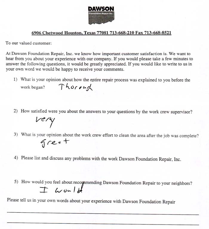 testimonial letter #255 in College Station / Bryan, Texas for Dawson Foundation Repair