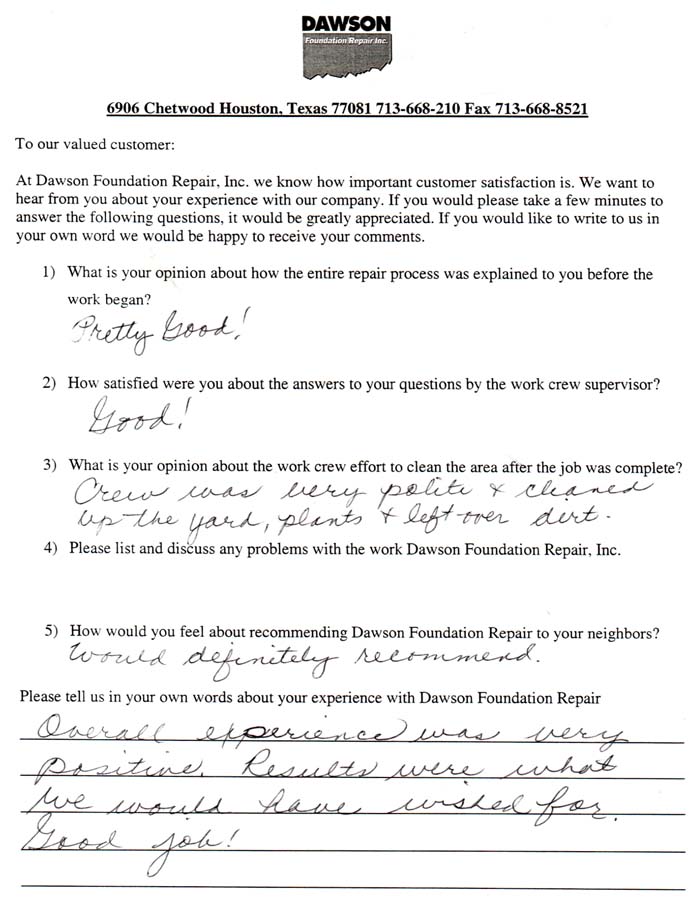 testimonial letter #251 in Corpus Christi, Texas for Dawson Foundation Repair