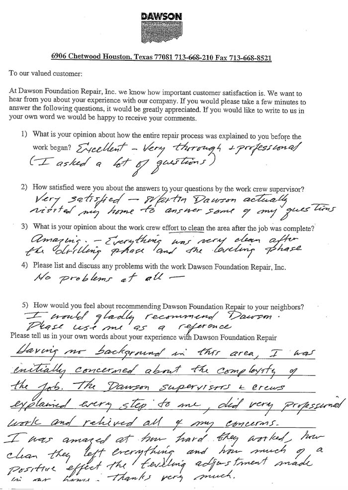 testimonial letter #251 in Dallas, Texas for Dawson Foundation Repair