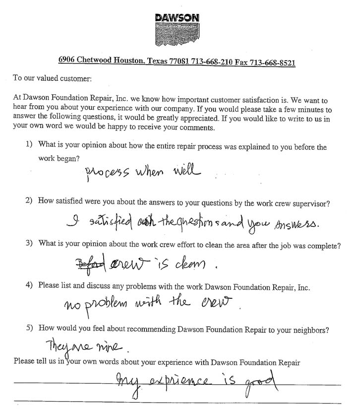 testimonial letter #264 in Houston, Texas for Dawson Foundation Repair