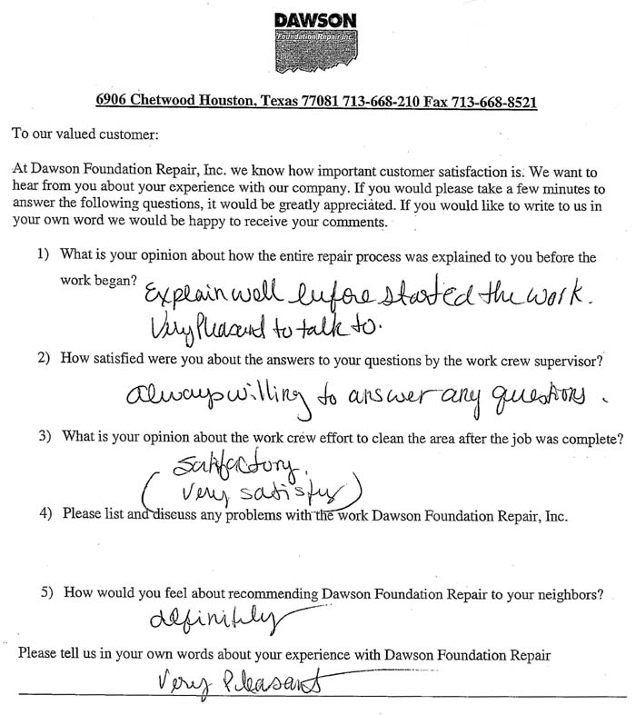 testimonial letter #268 in Sugar Land, Texas for Dawson Foundation Repair