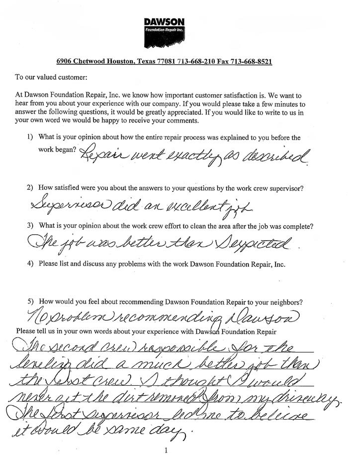 testimonial letter #269 in Austin, Texas for Dawson Foundation Repair