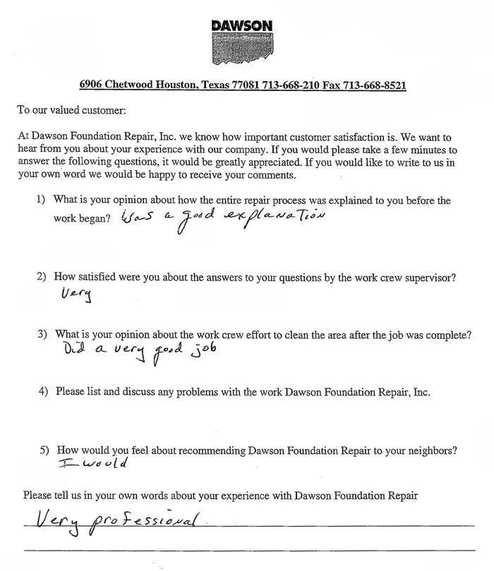 testimonial letter #270 in Corpus Christi, Texas for Dawson Foundation Repair