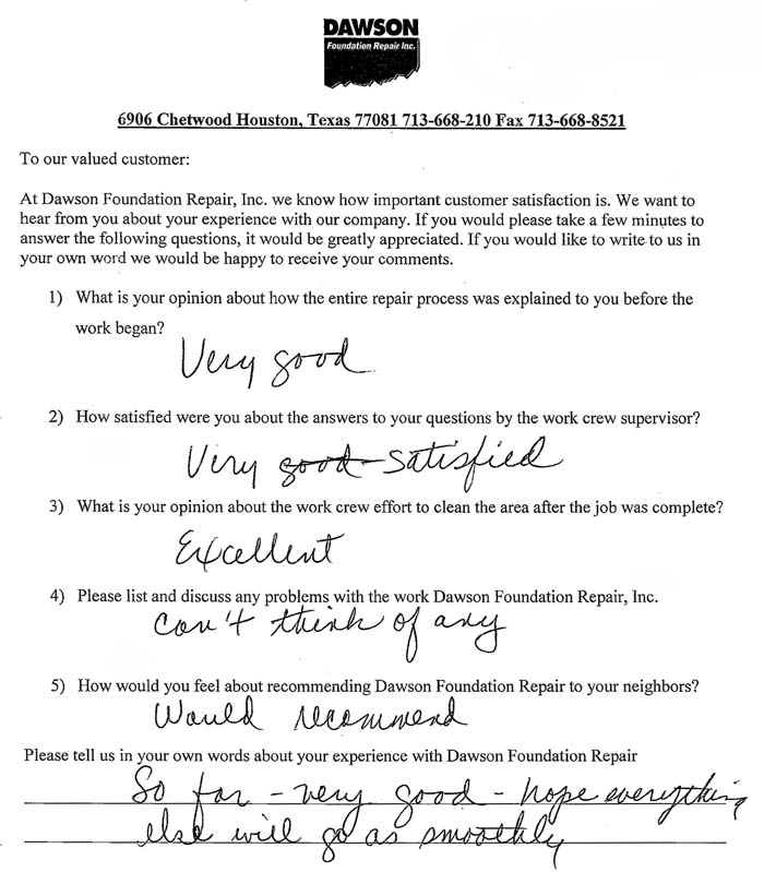 testimonial letter #2273 in Victoria, Texas for Dawson Foundation Repair