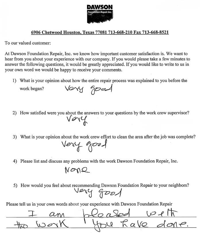 testimonial letter #274 for Dawson Foundation Repair