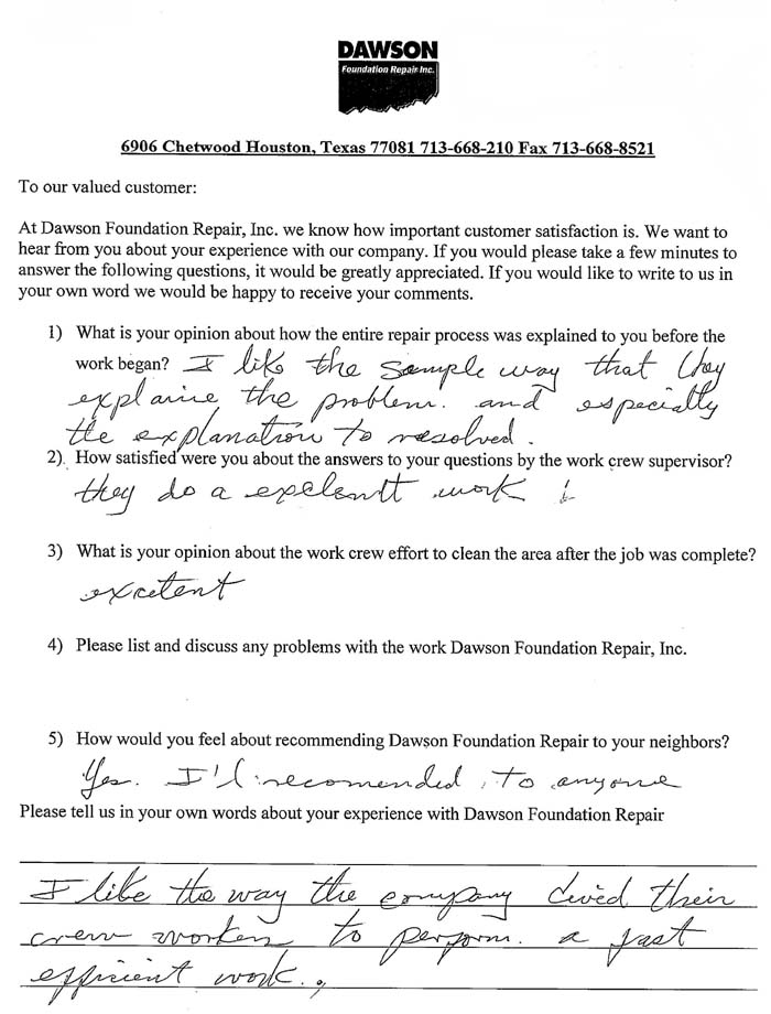 testimonial letter #275 for Dawson Foundation Repair