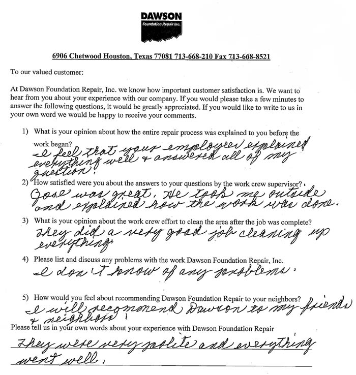 testimonial letter #280 in Austin, Texas for Dawson Foundation Repair