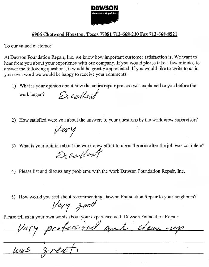 testimonial letter #286 in College Station / Bryan, Texas for Dawson Foundation Repair
