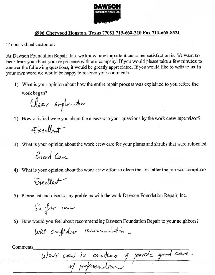 testimonial letter #288 in San Antonio, Texas for Dawson Foundation Repair