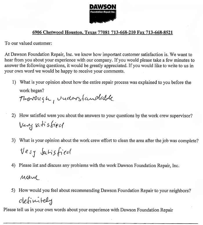 testimonial letter #290 in San Antonio, Texas for Dawson Foundation Repair