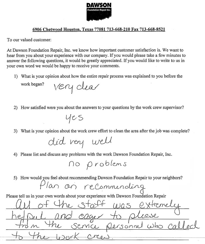 testimonial letter #293 in College Station / Bryan, Texas for Dawson Foundation Repair