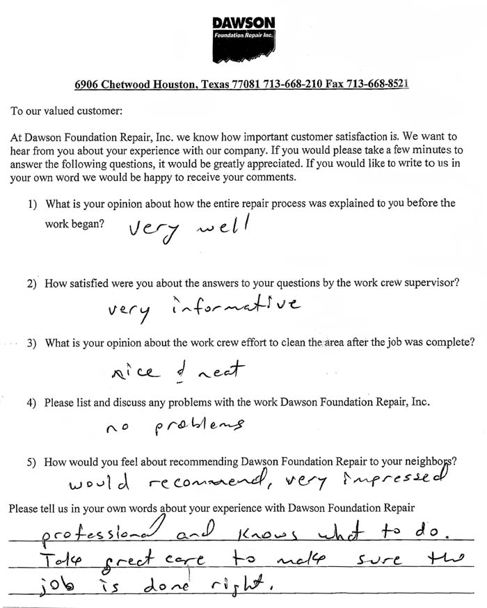 testimonial letter #296 in Victoria, Texas for Dawson Foundation Repair