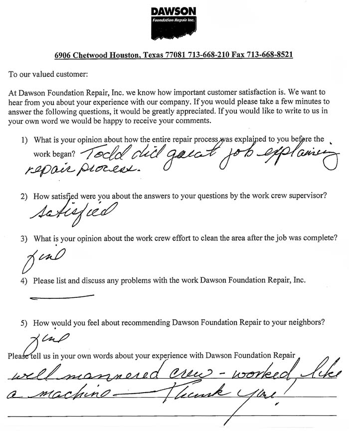 testimonial letter #297 in Austin, Texas for Dawson Foundation Repair