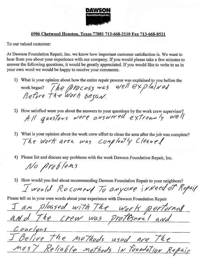testimonial letter #298 in Dallas for Dawson Foundation Repair